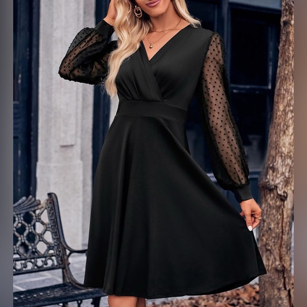 Elegant Black Dress with Sheer Sleeves - Picture 6 of 11